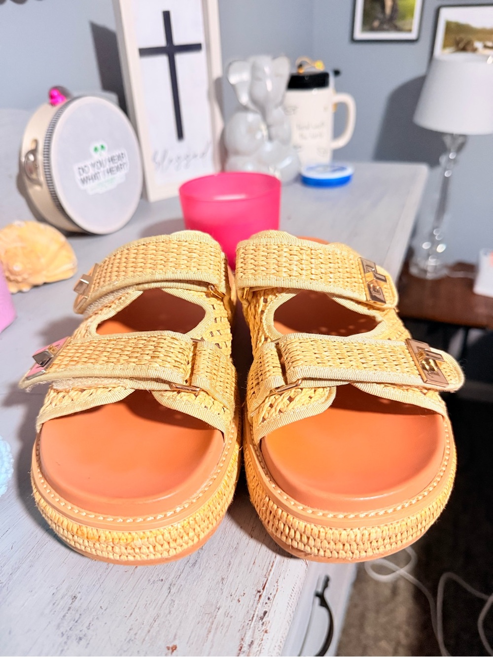 Woven Yellow Double-Strap Women’s Sandals